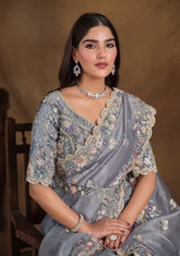 India Silk Grey Sarees Featuring A Blend Of Multiple Fabrics Offer A Perfect Balance Of Elegance